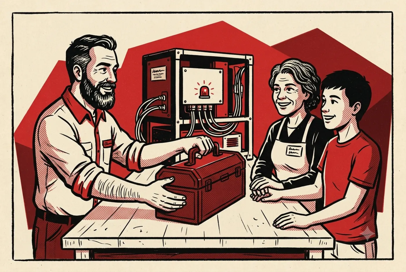 Punk-Zine-Illustration: Übergabe eines Werkzeugkoffers an zwei Mitarbeitende, im Hintergrund läuft eine Maschine