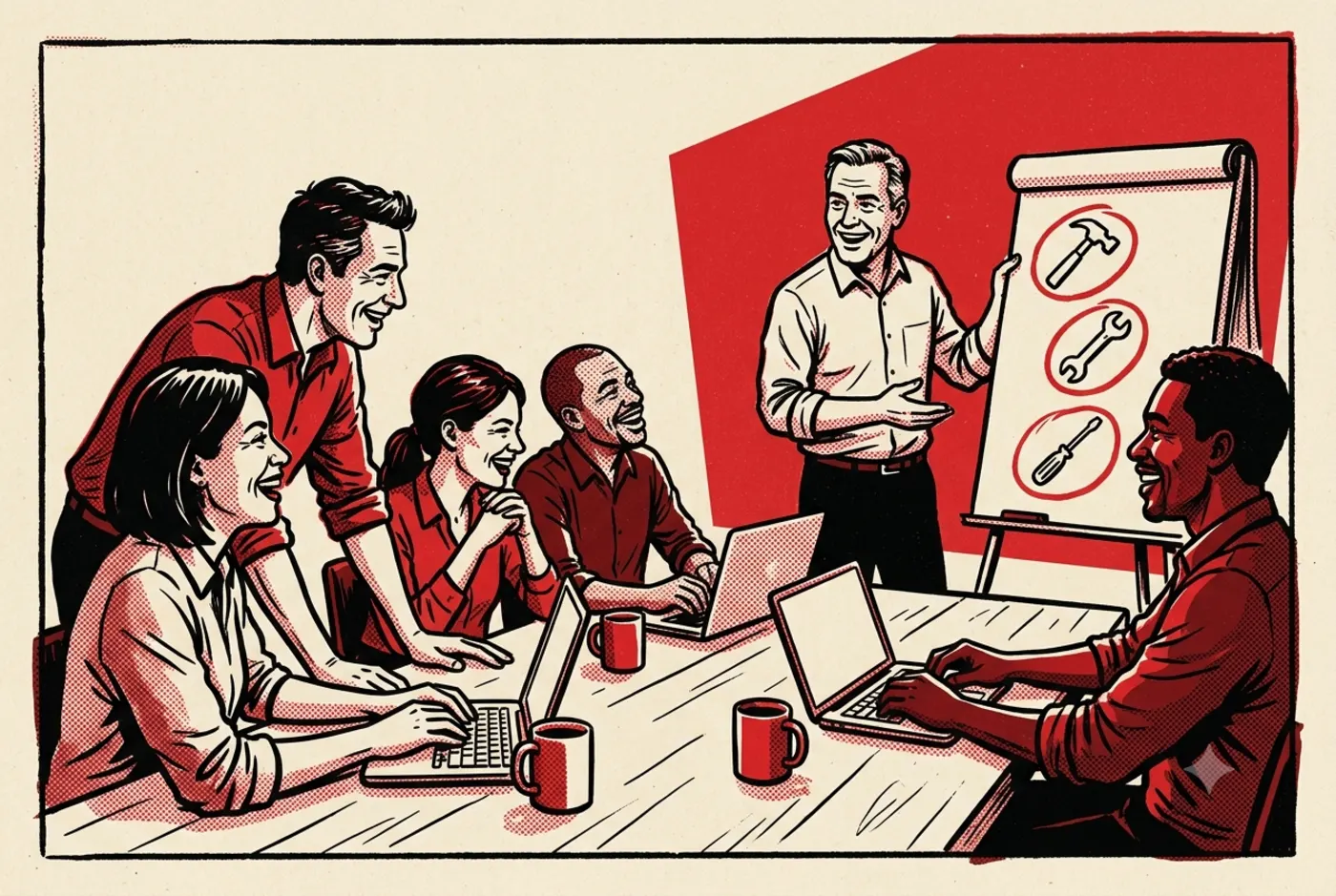 Punk-Zine-Illustration: Team im Workshop-Raum, am Flipchart sind drei Werkzeuge rot eingekreist