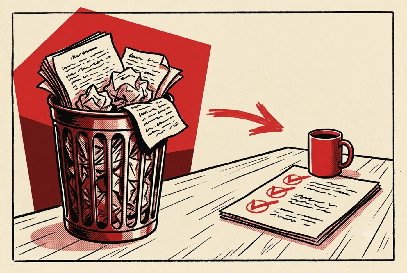 Punk-Zine-Illustration: dickes Strategiepapier im Papierkorb, daneben ein dünner Plan mit drei roten Haken