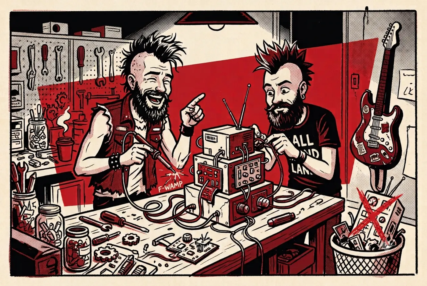 Punk-Zine-Illustration: die zwei Agentic Punks löten nachts in ihrer Werkstatt an einem selbstgebauten Apparat